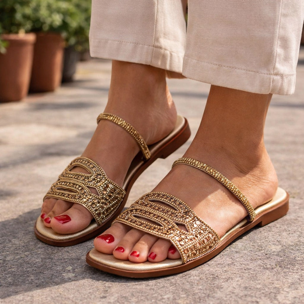 Sandalia Doble Tira Brillos - Dorado
