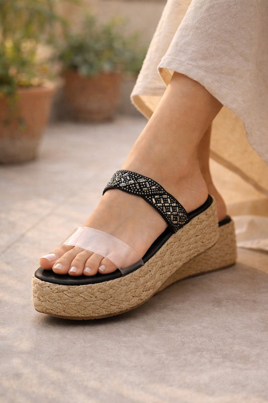 Cuña Espadrille Transparente - Negro